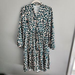 Sunday Up Teal Green /Green and Tan Print Babydoll Long Sleeve Dress